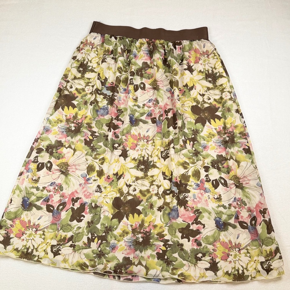 Liz Claiborne Floral Midi Skirt Brown Elastic Waist Chiffon Lined Green Pink M - Picture 6 of 8